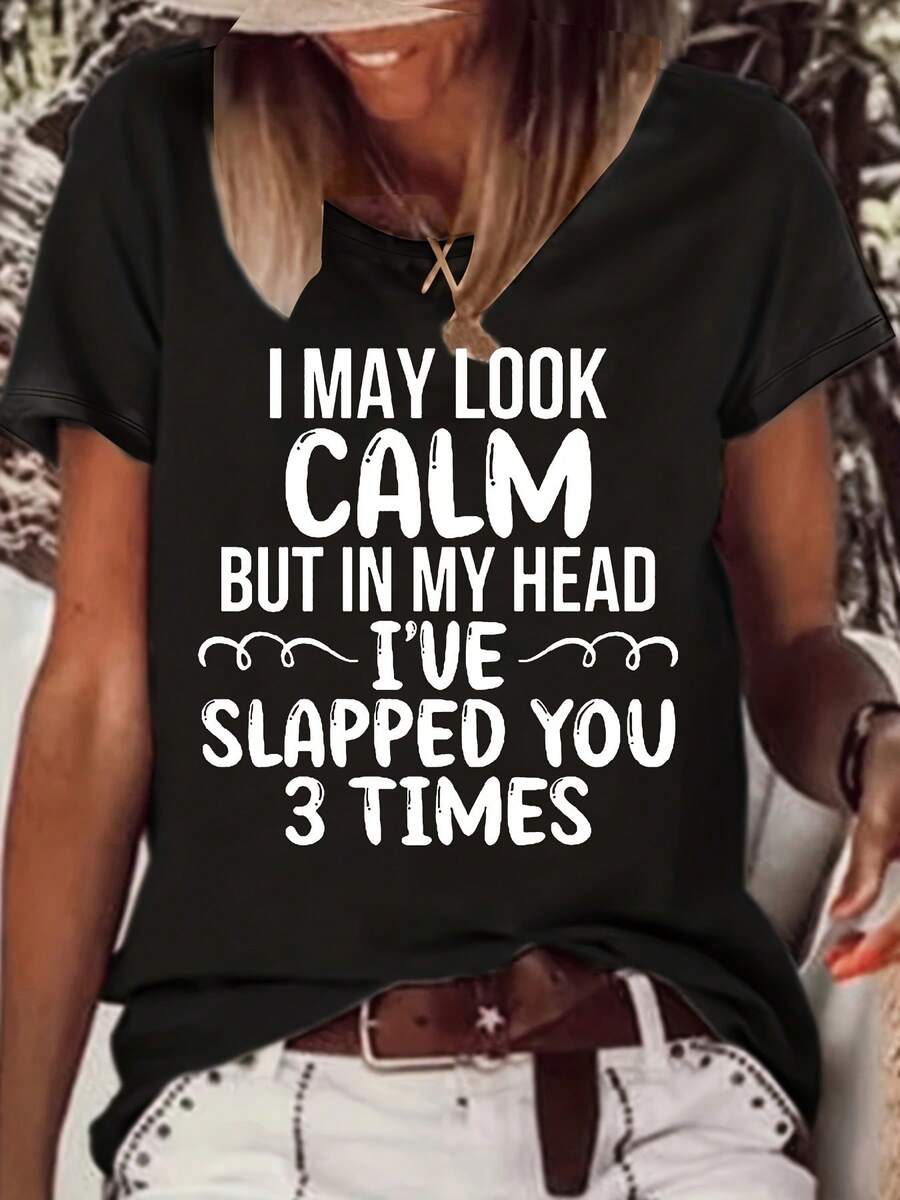 Elegante Top Diario Primavera/Verano 2023, Nuevo Top Casual Holgado de Manga Corta con Cuello Redondo y Estampado de Letras para Mujer - Cómodo y Elegante - Adecuado para Uso Diario y en Casa en Primavera y Verano. - Negro - Ver 1