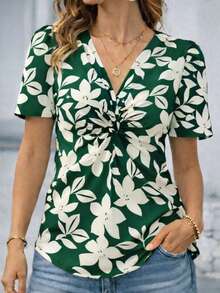 Casual Floral Print Twist Front Shirt, Summer - Green - View 1