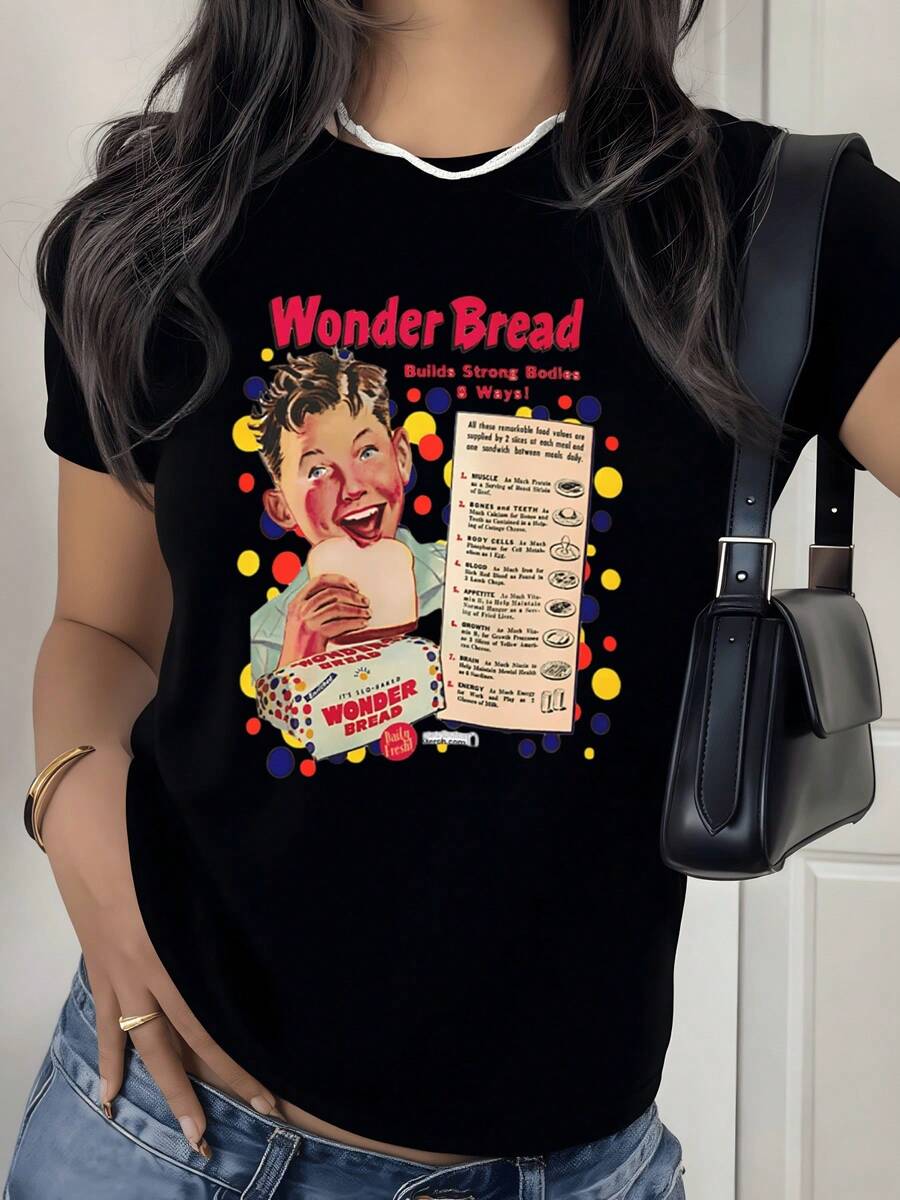 Colorful Retro Bread With Red, Yellow, And Blue Dots That Evoke Energy And Joy, Showing The Importance Of Daily Nutrition And Physical Well-Being. Comfortable, Modern, Casual Women's T-Shirt For Everyday Wear. - 黑色 - 查看 1
