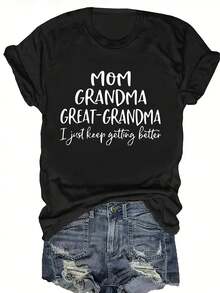 Women's Short Sleeve Cotton T-Shirt - Casual Short Sleeve T-Shirt For Women - Pink Round Neck With Inspirational Quote Print "MOM, GRANDMA, GREAT-GRANDMA" - Machine Washable, Comfortable For All Seasons, Everyday Wear, Relaxed Fit T-Shirt, Non-See-Through Material. - 黑色 - 查看 1