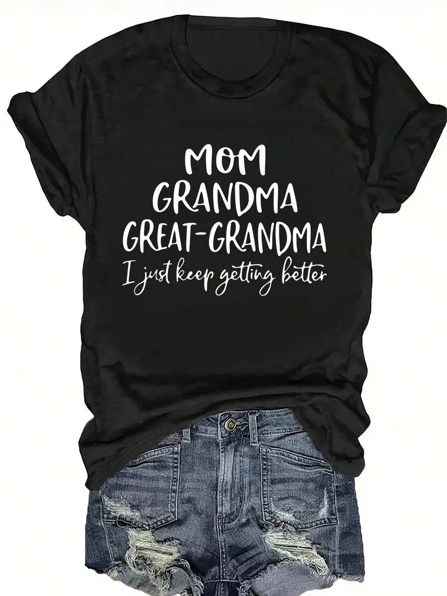 Women's Short Sleeve Cotton T-Shirt - Casual Short Sleeve T-Shirt For Women - Pink Round Neck With Inspirational Quote Print "MOM, GRANDMA, GREAT-GRANDMA" - Machine Washable, Comfortable For All Seasons, Everyday Wear, Relaxed Fit T-Shirt, Non-See-Through Material. - 黑色 - 查看 1