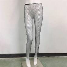 Ropa de calle Sexy y2k, pantalones de rejilla con diamantes de imitación, ropa de mujer transparente, pantalones de fiesta para club, ropa vintage, pantalones de pierna ancha - Negro - Ver 4