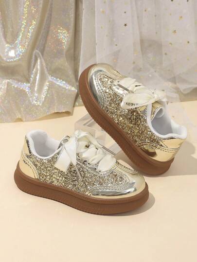 1 Pair New Glitter Rhinestone Decorated Soft Bottom Anti-Slip Gold Shiny Toddler Shoes
