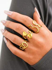 Uself 3pcs/1pc Stainless Steel Rings, 18K Gold Plated Multi Heart Shaped Rings, Women's Jewelry, Western Style Jewelry, Romantic & Elegant Jewelry Suitable For Women, Suitable For Daily Wear And Party Outfits, Women's Beach Accessories, Thick Jewelry - Multicolor - View 6