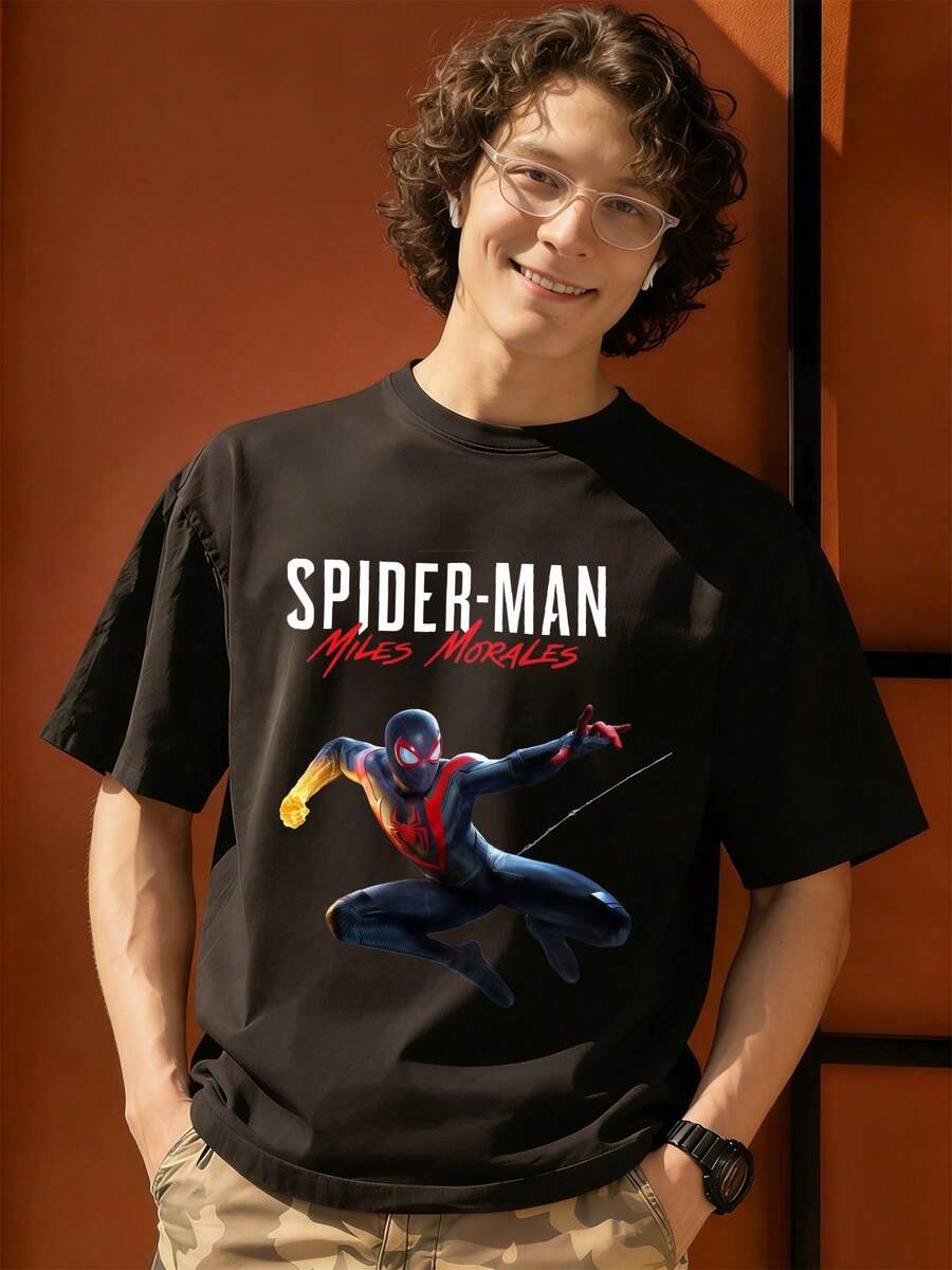 Marvel Miles Morales Graphic T Shirt 100 Percent Cotton Mens Tshirts    Universe  Superhero Men Summer Clothes Men's Clothes Mens Tops Streetwear Mens Gift Ideas Innerwear Or Outfits,Mens Fashion - màu đen - Xem 1