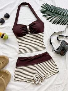 Conjunto Casual de 2 Piezas para Mujer: Top Halter a Rayas y Shorts para Vacaciones - Multicolor 2 - Ver 9