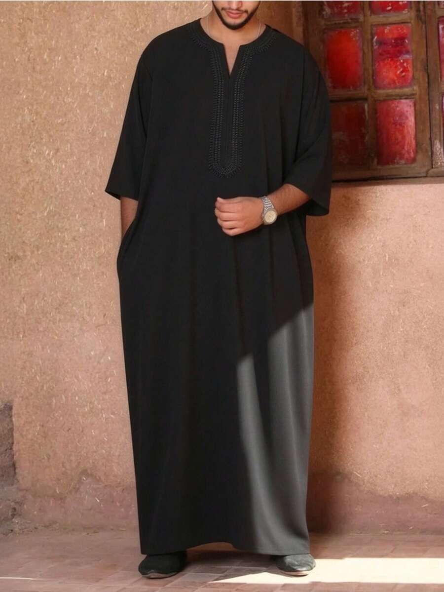 Men's Ramadan Embroidered Long Robe, Moroccan Thobe, Solid Color Thawb, Men's Pullover Gandoura, Arabic Men's Traditional Gandoura Thobe Robe - Black - View 1
