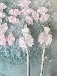 1 Set Pink Bow Lightning (5-14) & Type-C Data Cable Protector, Shock-Proof, Stylish Phone Accessory Design, Plastic Material With Cute Bow Decor, Charging Cable Protective Case, Suitable As Gift For Women, Mothers, Friends, Girlfriends And Boyfriends, Great For Birthday, Wedding, Anniversary, Easter, Back To School And Other Occasions - A - View 7