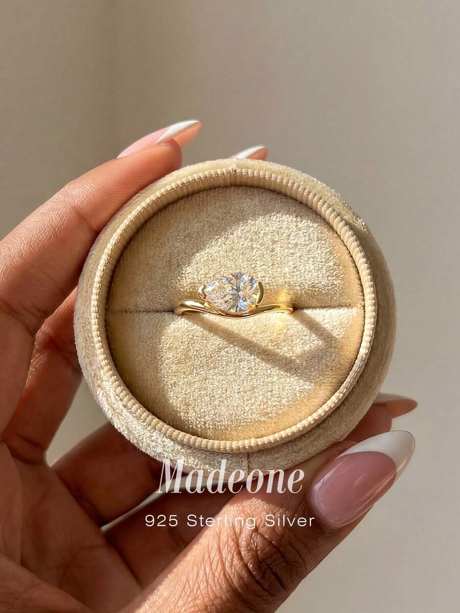 MADEONE 1 pieza Anillo de cóctel minimalista con forma ovalada, elegante, de oro rosa, con piedras preciosas engastadas, adecuado para uso diario y ocasiones formales - Dorado - Ver 1