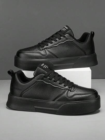 Zapatillas casuales de cuero negro con puntera redonda y cordones para hombre, zapatos deportivos cómodos y versátiles para uso diario y ocio