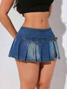 Falda mini de línea A de denim con detalles lavados y plisados de moda para mujer en verano - Azul 4 - Ver 4