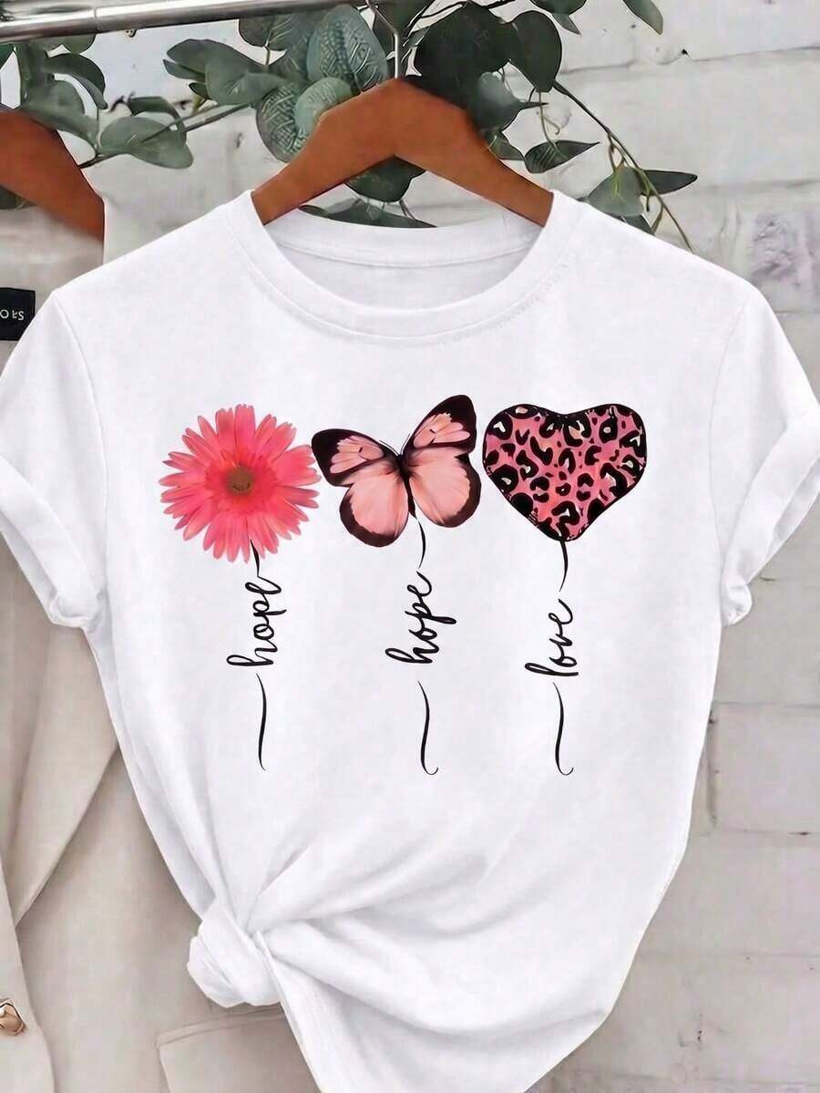 Cómoda Camiseta Casual de Manga Corta con Cuello Redondo para Mujer, con Estampado Floral de Mariposas y Corazones de Leopardo, Camiseta de Poliéster de Longitud Regular con Ligera Elasticidad, playeras de mujer algodon - Blanco - Ver 1