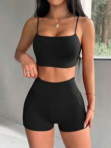 Aoqta Sports Women's Summer Casual Solid Color 2-Piece Set, Sleeveless Backless With Chest Pad Fitted Cropped Tank Top And High Waist Tight Shorts With Pockets, Suitable For Yoga, Running, Workout, Daily Wear - Black - View 11