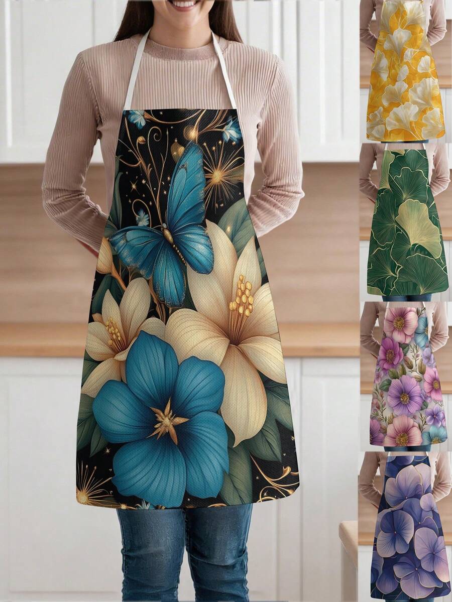 1 buah, Celemek Poliester Motif Bunga dan Daun Ginkgo yang Lucu, Cocok untuk Memasak, Memanggang, dan Berkebun - Dapat Digunakan Sebagai Pakaian untuk Dapur dan Ruang Makan - MultiWarna - View 1