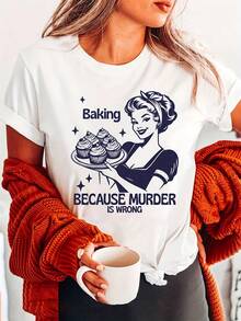 Camiseta divertida con estampado de hornear, top casual de manga corta y cuello redondo para verano y primavera, ropa de mujer - Blanco - Ver 6