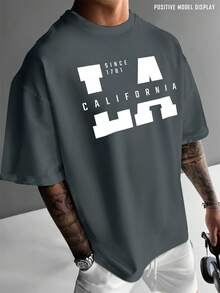 Camiseta Casual de Moda para Hombre - 100%, Corte Regular, Manga Corta, Cuello Redondo, Estampado California LA West Coast Estilo Urbano Americano, Diseño de Estampado de Moda de , Perfecta para Streetwear o Estilo Diario, O Como Regalo - Gris Oscuro - Ver 2