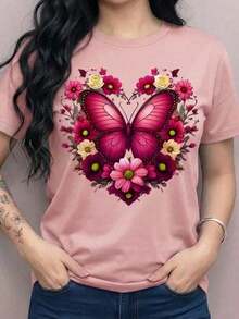 Women's Graphic Print T-Shirt With Butterfly, Magenta Heart, Flowers, Roses, Daisies, Spring/Summer, Round Neck, Short Sleeves, Casual Wear, Day/Night, Loose Fit - 灰色 - 查看 6