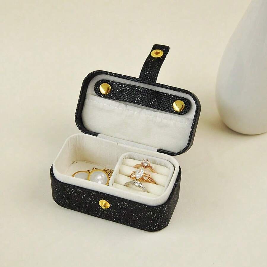 1pc White Jewelry Box, Portable Travel Organizer, Mini Storage Case With Snap Button, For Rings, Earrings & Necklaces - 閃光黑;9.5cm*5cm*5cm - 查看 1