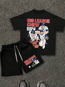 Men's 2PC Big League Chew Baseball Graphic Tee And Shorts. Soft, Breathable Cotton. Streetwear For Summer, Vacation, And Daily Wear. - 黑色 - 查看 2