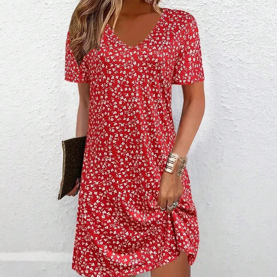 2025 Vestido de manga media con estampado floral pequeño de verano europeo y americano para mujeres francesas - Rojo - Ver 1