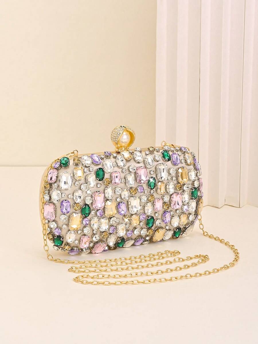  Women's Colorful Crystal Clutch Purse - Handmade Rhinestone Embellished Evening Bag With Detachable Chain, Formal Party Handbag For Wedding Prom Cocktail,Colorful Rhinestone Clutch Bag For Women Luxury Crystal Evening Bag With Chain Wedding Party Prom Handbag For Wedding Prom Party Formal Occasions - Gold - View 1