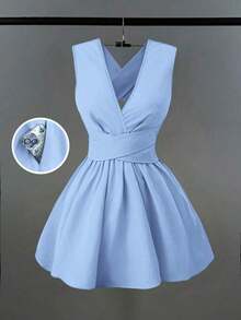 Vestido mini elegante y sexy para invitada de boda con cuello en V cruzado, sin mangas y corte evasé, diseño versátil para conciertos, playa, fiestas, primavera/verano, con bolsillos, vestido de noche con espalda descubierta de color amarillo mantequilla - Azul - Ver 1