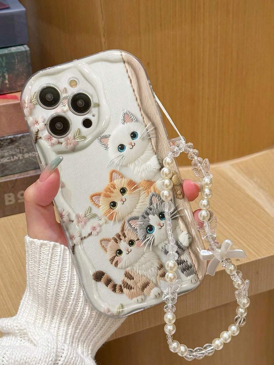猫咪彩绘平纹印花奶油色波浪边手链式手机壳，简约防摔加厚保护壳，兼容 17/17Pro/17ProMax/ 16 XR/7/8/ 15ProMax/12PROMAX/13PROMAX/14PROMAX/13/14/11/12P/14/P11/P12/XS/XR/78P/78GES2，适用于A134G/A22/A21S/A514G/A52/S22 Ultra/A335/GA34/A35，适用于Redmi 10/Note 114G/11Lite/A53，TPU材质，适用于A14/A23/S23 Ultra/S24/A14/A15/S23/A73/A55/A54。 - 彩色 - 查看 1