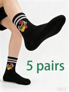 1/2 Pairs Cartoon Chick Print Striped Mid-Calf Socks, Unisex Breathable Comfortable Athletic Socks, Cute Chick Design, Black & White Stripes, Versatile For Students And Couples - Multicolor - View 14