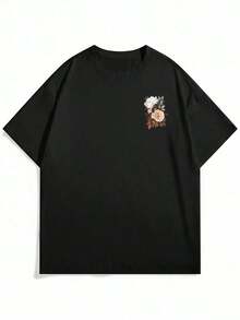 Camiseta casual de cuello redondo de manga corta con estampado de pintura oriental y floral para hombres - Negro - Ver 3