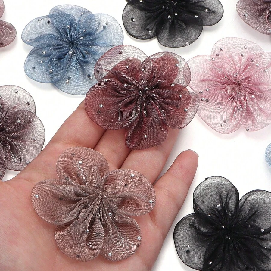 5个纯色五瓣花发夹、发带、发圈DIY配件，3D水晶花朵贴片，可用于服装、胸针、包包、手腕装饰