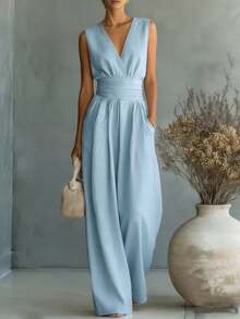 2026 Women Sleeveless Jumpsuit European American Spring Summer New Elegant V Neck Cinched Waist Casual Long Romper For Daily Wear Party - 天藍色 - 查看 5