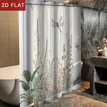 1pc Watercolor Dragonfly Wildflower Shower Curtain With Hooks, 70"X70" Waterproof Vintage Botanical Neutral Bathroom Curtain - 180*180厘米/70*70英寸 - 查看 7