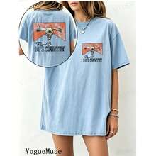 Unisex Washed Distressed T-Shirt Cotton Blend Casual Oversized Tee. Women'S Vintage 192s Retro Skull & 9'S Country Graphic T-Shirt - Double-Sided - 淺藍色 - 查看 5