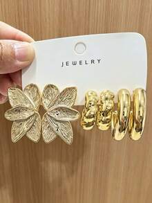 6/18pcs Gold 3D Flower, Left-Right Flower, Spiral C, Smooth C-Shaped Design Vintage Elegant Daily Wear Earrings For Women - Gold - View 9