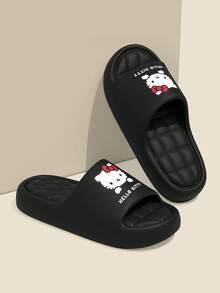 MAOLI Hello Kitty Bow & Cat Pattern Women's Slippers, New Summer Bathroom Slippers, Fashion Versatile, Cat Claw Design Cat Face Sandals, Soft Comfortable Checkered Insole, Couples Slippers Available In Multiple Colors - Black - View 9