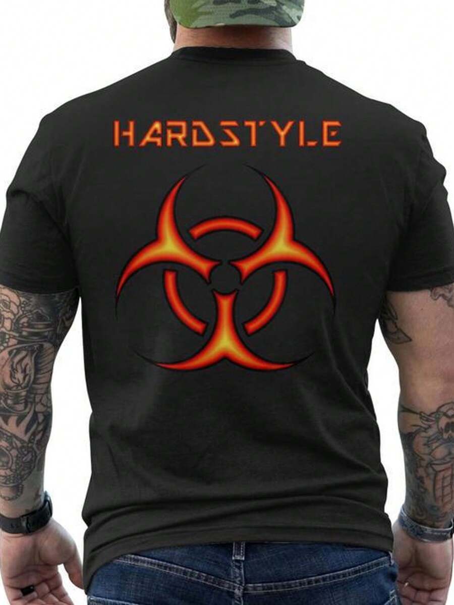 Men's Hardstyle Rave Music T-Shirt With Biohazard Warning Print And HARDSTYLE Text - Black And Orange/Red Logo - Breathable Cotton Short Sleeve T-Shirt For Parties, Concerts, Casual Wear - EDM Festival Style, Loose And Comfortable For Summer. - Black - View 1