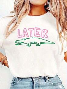 Nueva Camiseta Casual de Verano con Gráfico Divertido de Cocodrilo para Mujer, Cuello Redondo Rosa, Envío Gratis, Ropa de Mujer, Tops de Verano para Mujer, Ropa de Algodón para Mujer - Estilo Urbano Vintage Unisex, Camiseta de Manga Corta de Algodón Suelta con Cuello Redondo - Blanco - Ver 6