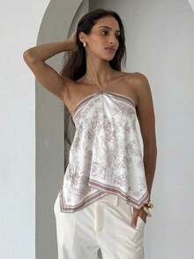 Blusa de mujer elegante con cuello de halter, estampado de tinte anudado y gasa para vacaciones en la playa - Multicolor 2 - Ver 4