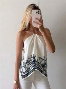 Blusa de mujer elegante con cuello de halter, estampado de tinte anudado y gasa para vacaciones en la playa - Multicolor 4 - Ver 9