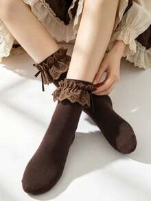 A Pair Of Lolita-Style Coffee Color Lace Bow Mid-Calf Socks, Suitable For All Seasons, Sweet Essential Coffee-Colored Lace Layered Socks, Compatible With JK/Lolita/Loafers/Ballet Style - Coffee Brown - View 3