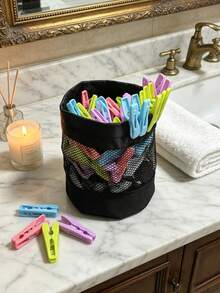 Mesh Clip Bag, Clip Bag With Hook, Drawstring Closure, Wide Mouth Clip Bag, Drawstring, Clothes Clip, Wooden Clothes Clip, Canvas Clothes Clip Storage Bag - Multicolor - View 9