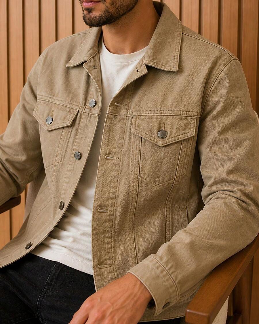 Men's Denim Jacket With Iron Button Closure - Caqui - Ver 1