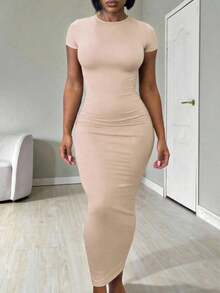 Vestido de mujer de manga corta ajustado de unicolor para uso diario en verano - Albaricoque - Ver 4