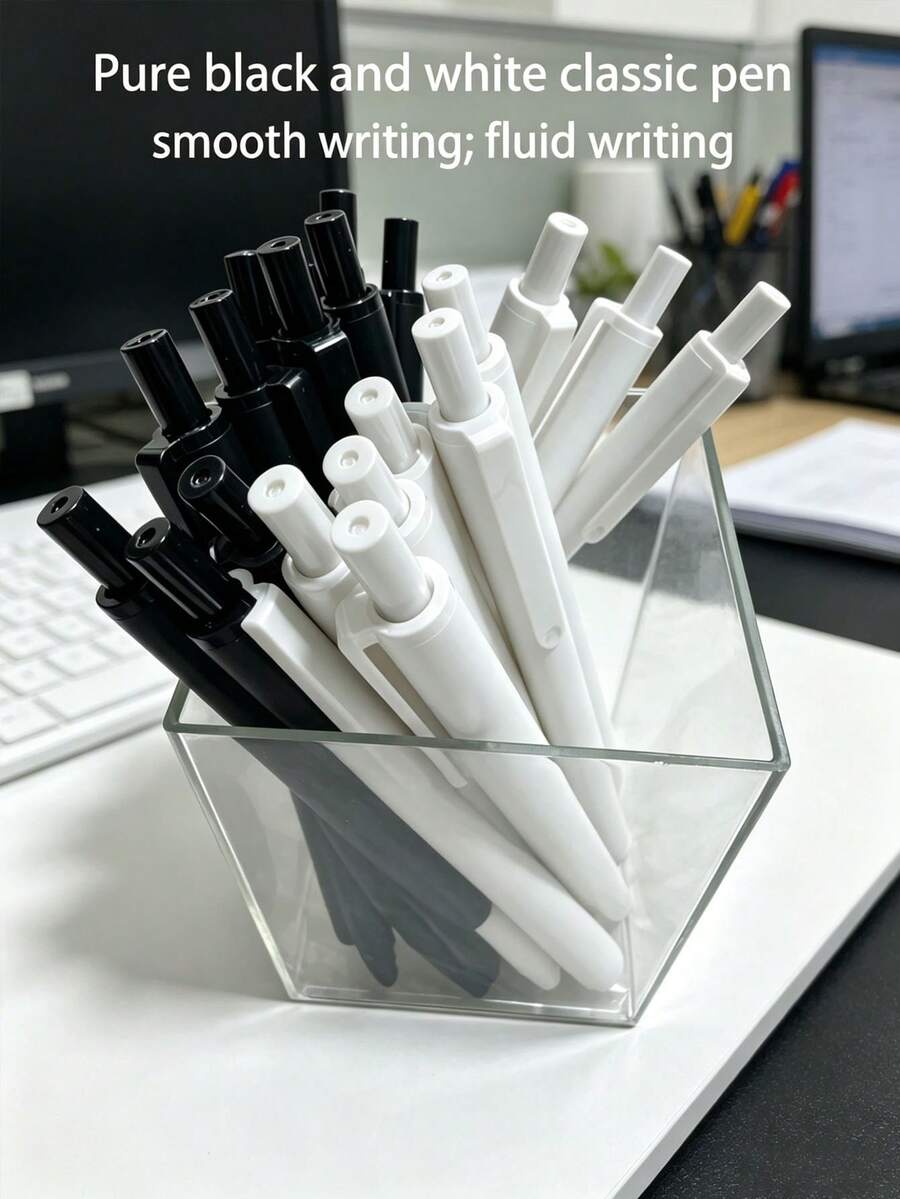 1 Set (20pcs Pens + 1 Pen Holder) Black & White Exam Pens, Push-Button Ballpoint Pens, High-Quality Ins Style For Students, Office Workers, Exams, Quick-Drying 0.5mm Black Ink