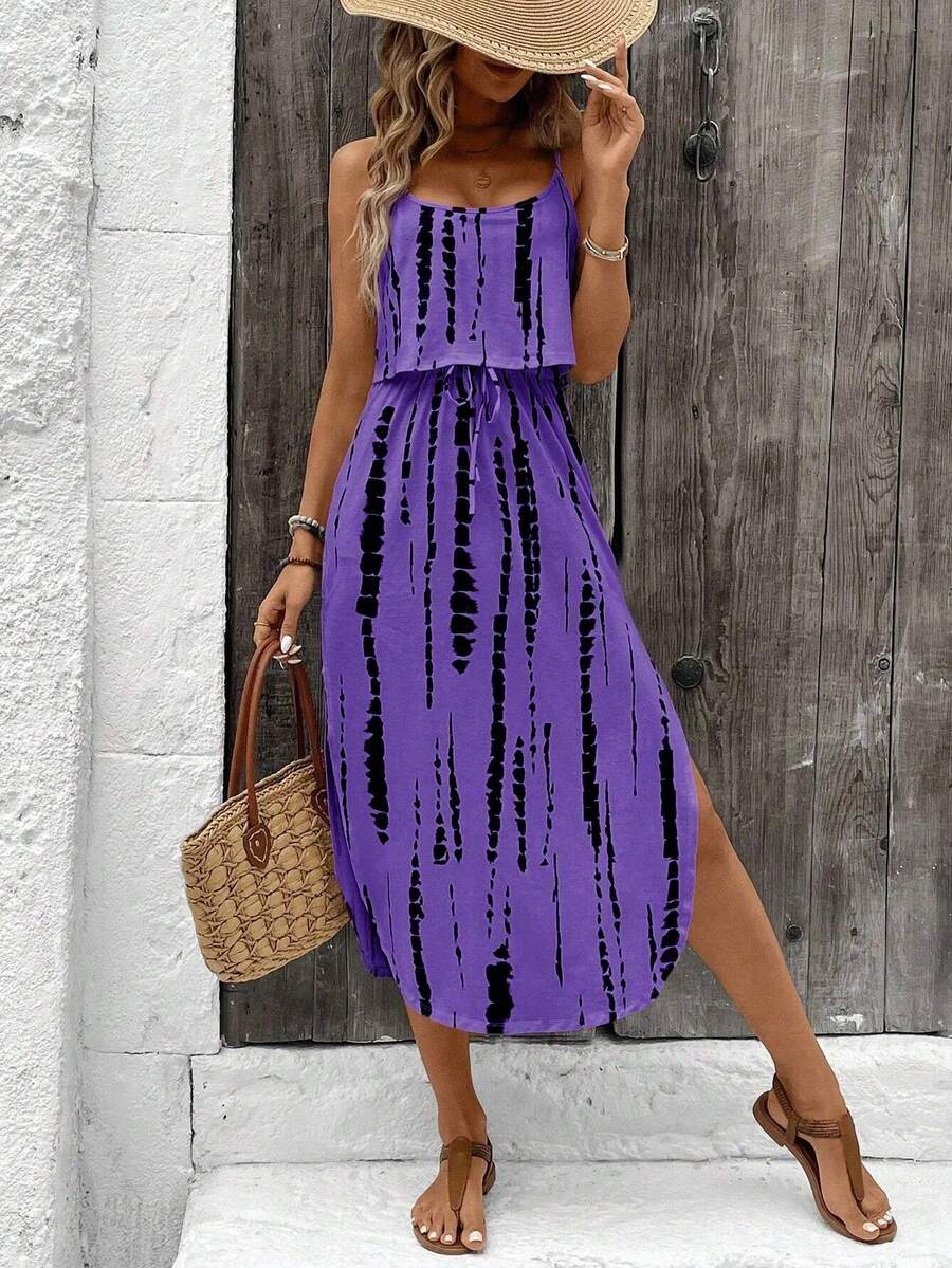 Vestido de verano con tirantes finos para mujer con cinturón y abertura lateral - Vestido fluido informal sin mangas - Morado - Ver 1