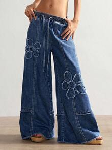 Jeans de pierna ancha de unicolor casual para mujer - Azul lavado oscuro - Ver 4