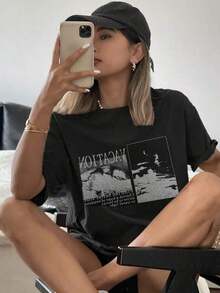 Camiseta de mujer de manga corta y cuello redondo holgada con estampado de letras, camiseta gráfica de verano oversize, top preppy - Multicolor - Ver 2