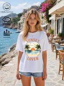 Ensemble trois pièces pour femme : t-shirt et haut à manches courtes, t-shirts amples en pur coton à manches courtes, confortables et parfaits pour les vacances et les loisirs, t-shirts à manches courtes pour couples, à porter au quotidien et à la maison, style classique pour toutes les saisons. - motif blanc de coucher de soleil sur l'île - Voir 1