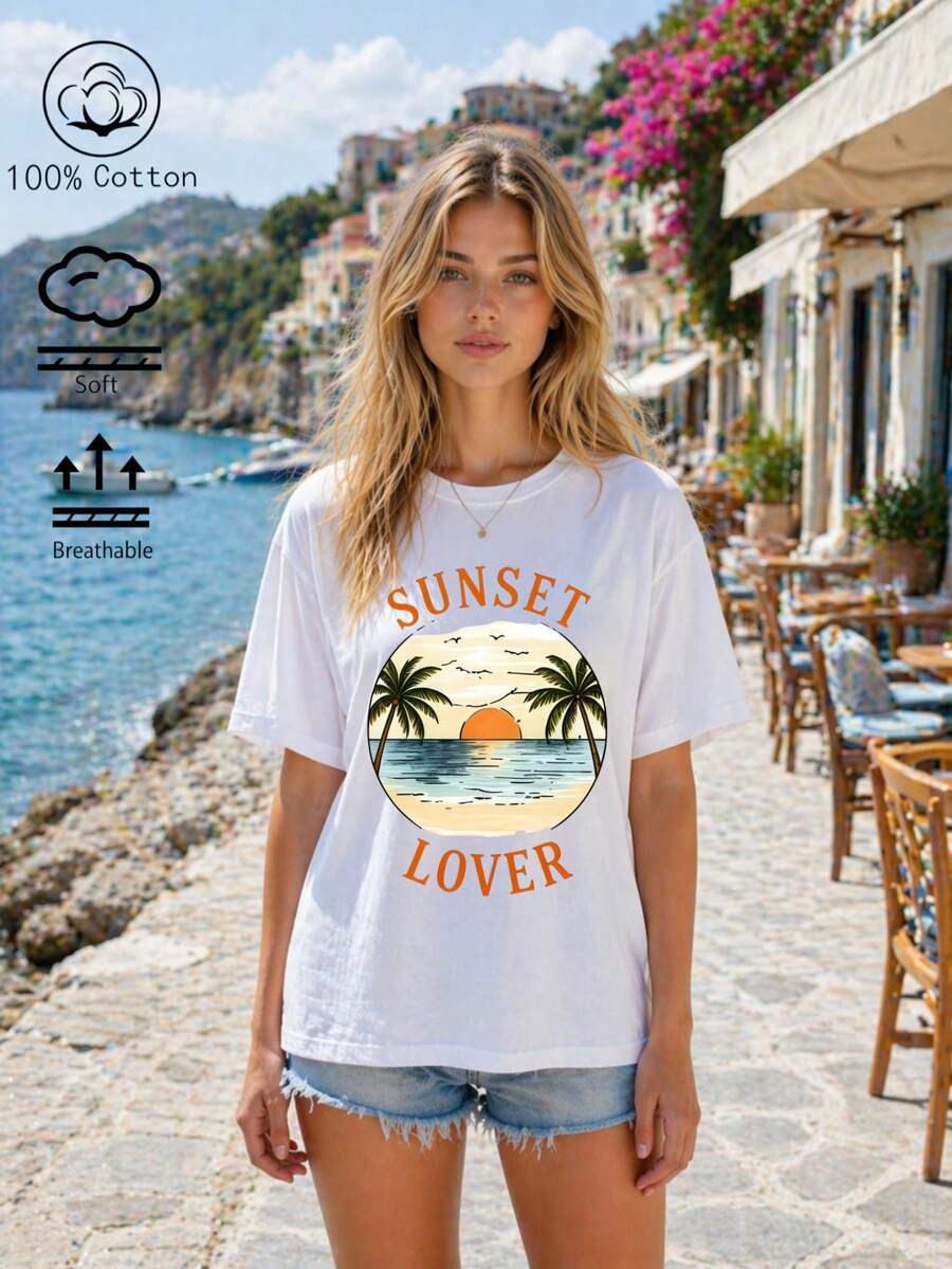 Ensemble trois pièces pour femme : t-shirt et haut à manches courtes, t-shirts amples en pur coton à manches courtes, confortables et parfaits pour les vacances et les loisirs, t-shirts à manches courtes pour couples, à porter au quotidien et à la maison, style classique pour toutes les saisons. - motif blanc de coucher de soleil sur l'île - Voir 1