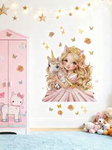 Calcomanías de Princesa de Cuento de Hadas en Tonos Pastel, Pegatinas de Mariposa Floral, Unicornio y Castillo, Accesorios de Decoración de Habitación para Paredes de Dormitorio de Niñas Pequeñas y Adolescentes - Multicolor - View 3